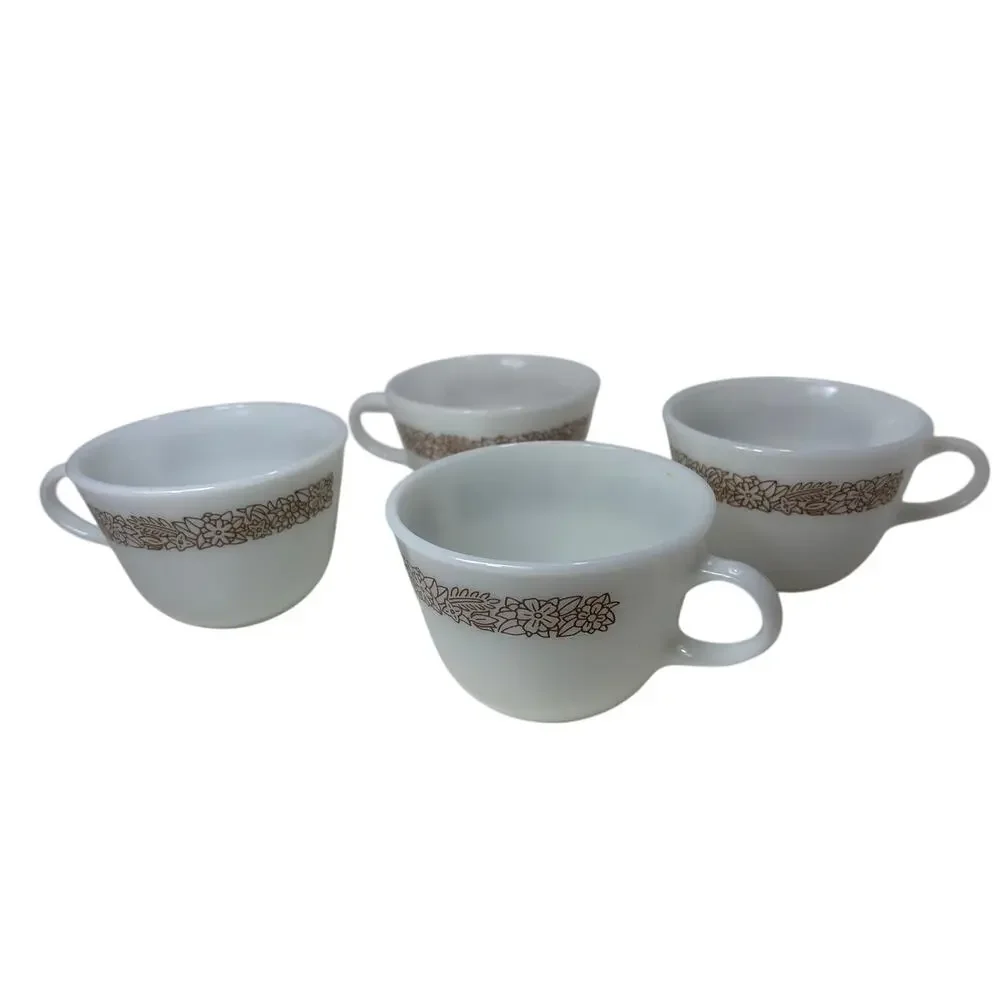 Vintage PYREX Corning USA Woodland‎ Brown Floral Milk Glass Tea Coffee Cups 4